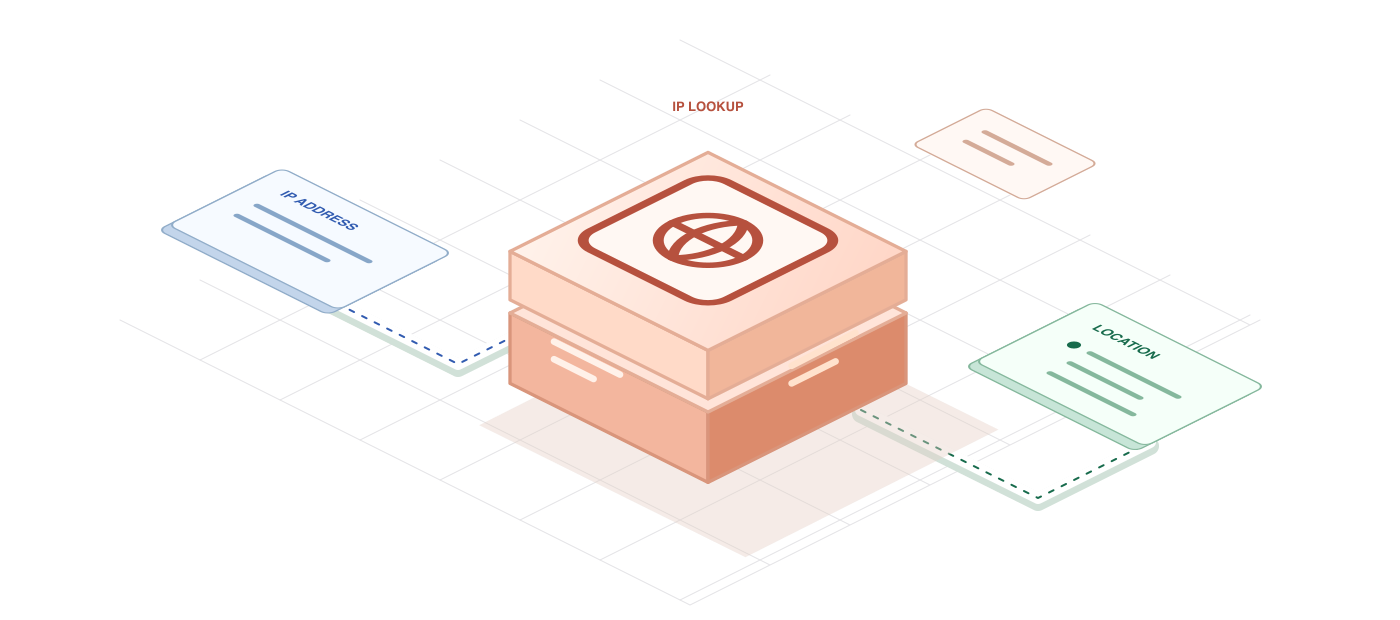 Isometric IP address card connected to a globe block and a location result.